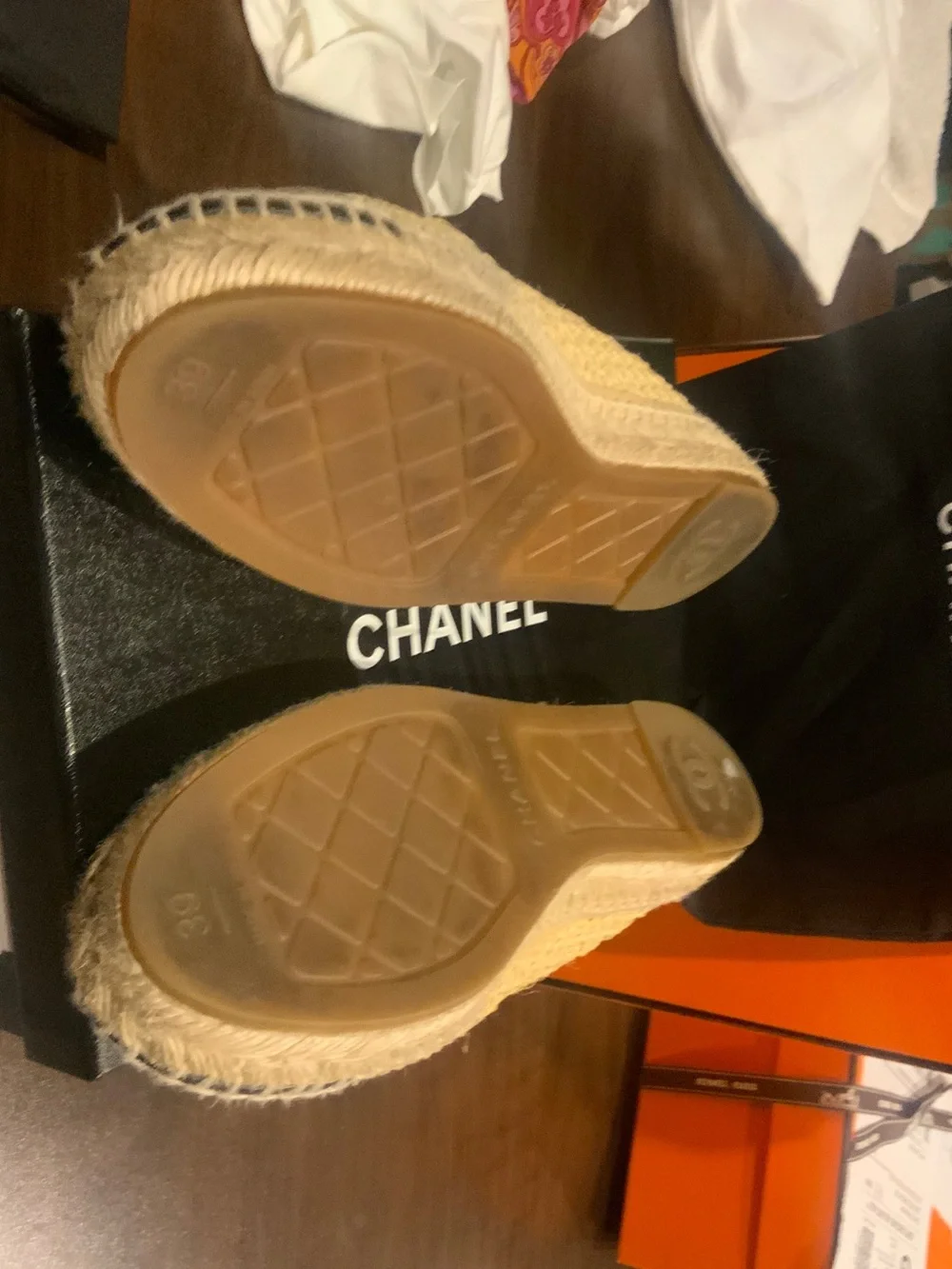 CHANEL Beige and Black Raffia Espadrille Flats with Leather Cap Toe